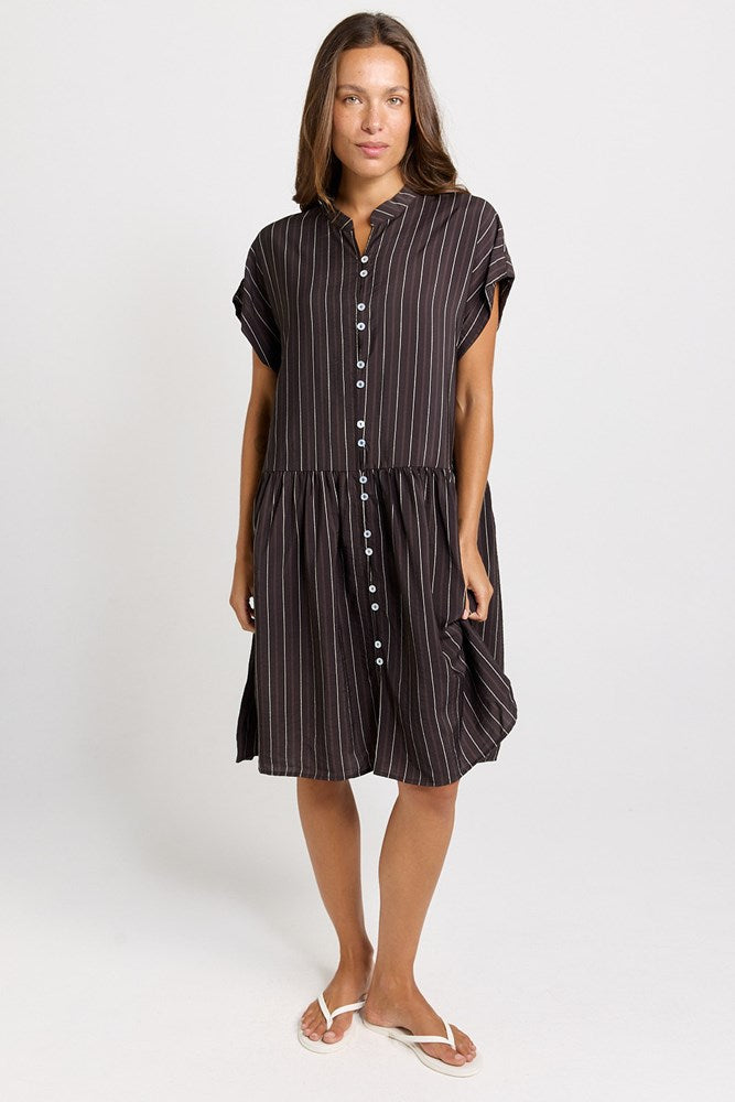 Betty Basics Sandy Drawstring Waist Dress (Brown Stripe)