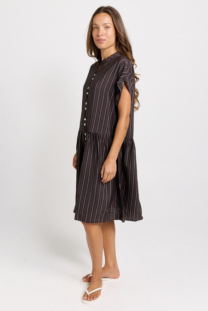 Betty Basics Sandy Drawstring Waist Dress (Brown Stripe)