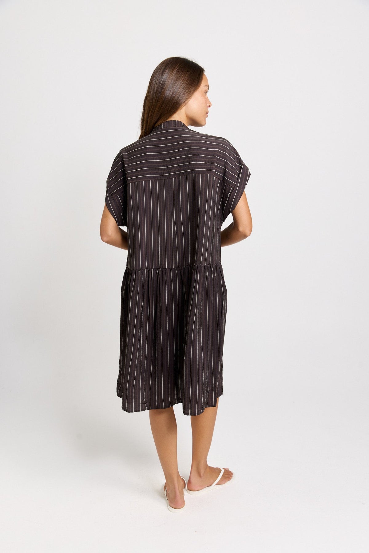 Betty Basics Sandy Drawstring Waist Dress (Brown Stripe)