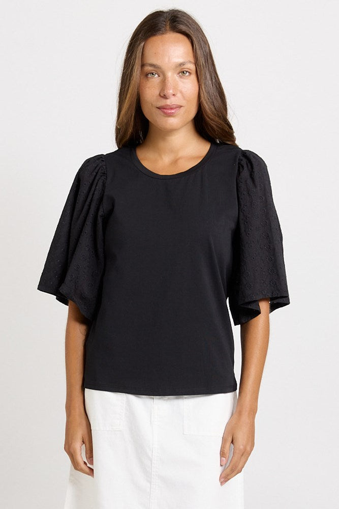 Image of T-Shirts. Product name - Bianca Broderie T-Shirt Black in Black colour by brand - Betty Basics
