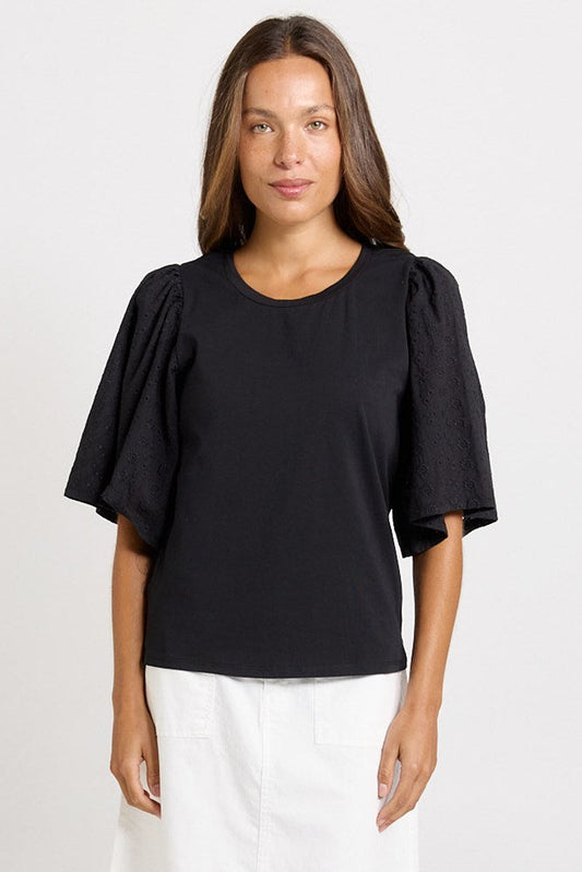 Image of T-Shirts. Product name - Bianca Broderie T-Shirt Black in Black colour by brand - Betty Basics
