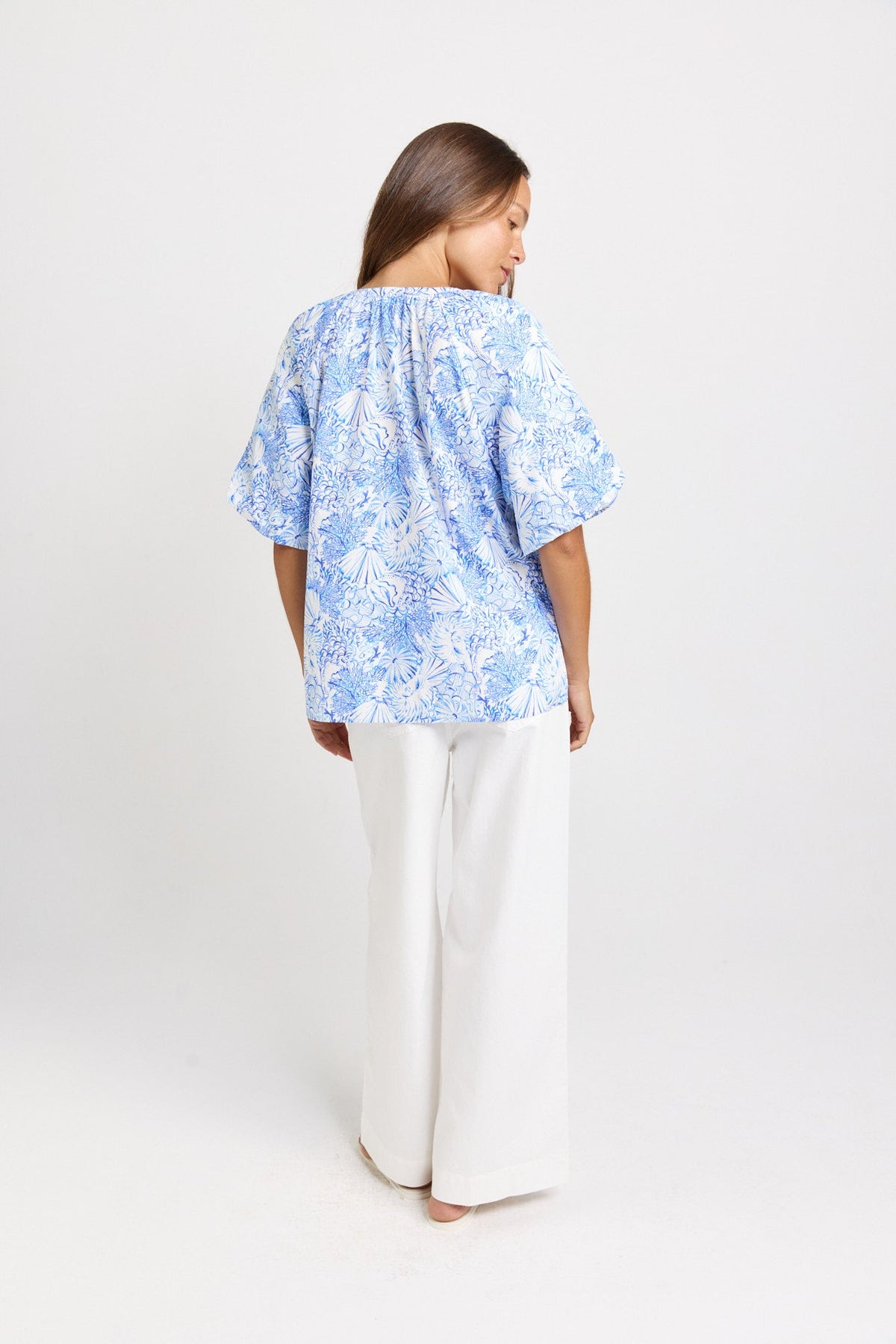 Betty Basics Bronte Cotton Blouse (Blue Shell Print)