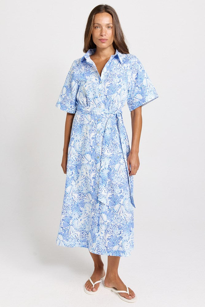 Betty Basics Lucy Cotton Shirt Dress (Blue Shell Print)