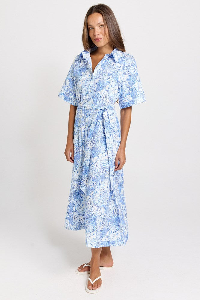 Betty Basics Lucy Cotton Shirt Dress (Blue Shell Print)