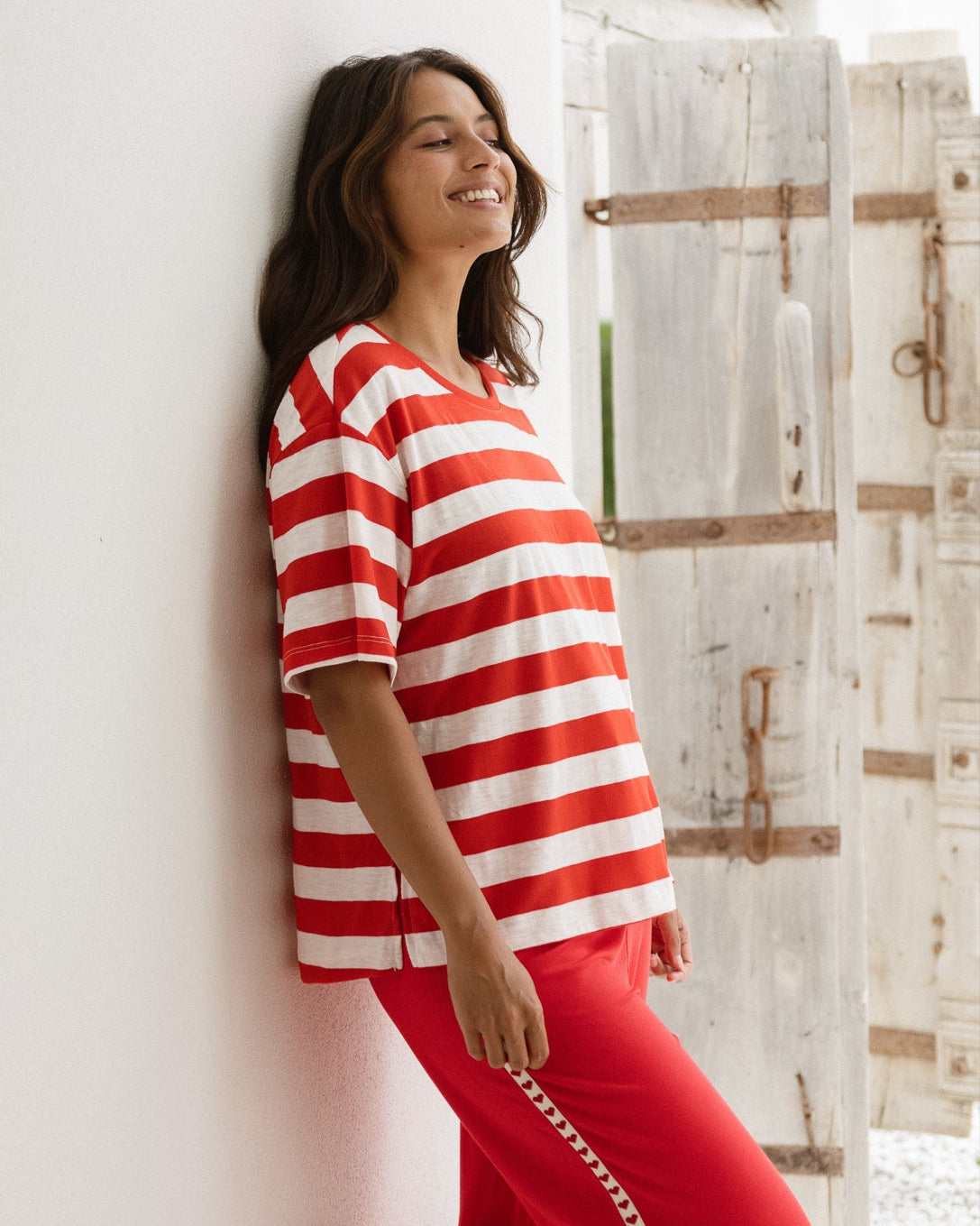 Image of a model wearing Tops. Productname: Betty Basics Relax Boxy Tee Red Stripe in Red Stripe colour by brand - Betty Basics