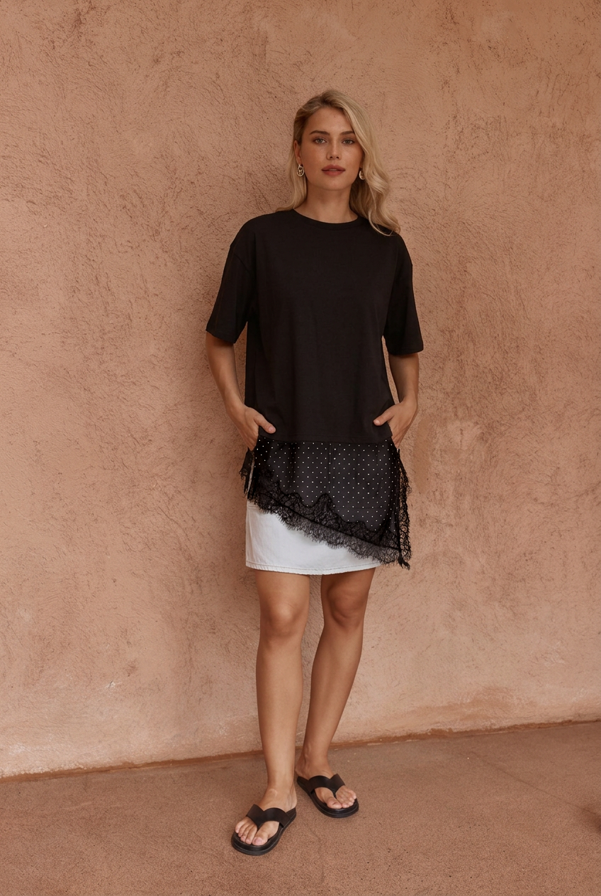 Image of a model wearing Tops. Product name - Arlo Jersey Lace Tee Black Spot in Black Spot colour by brand - Sass Clothing