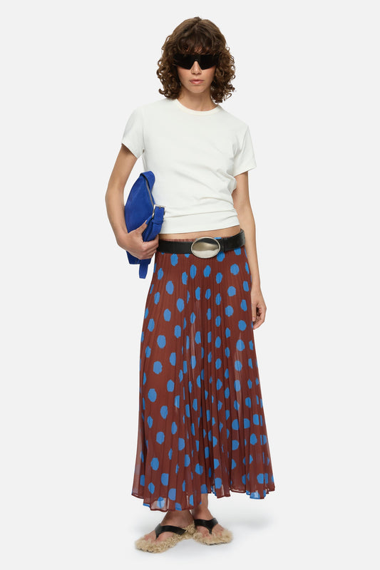Image of a model wearing Skirts. Product name - Domenica Skirt Brown in Brown colour by brand - Blanca Studio