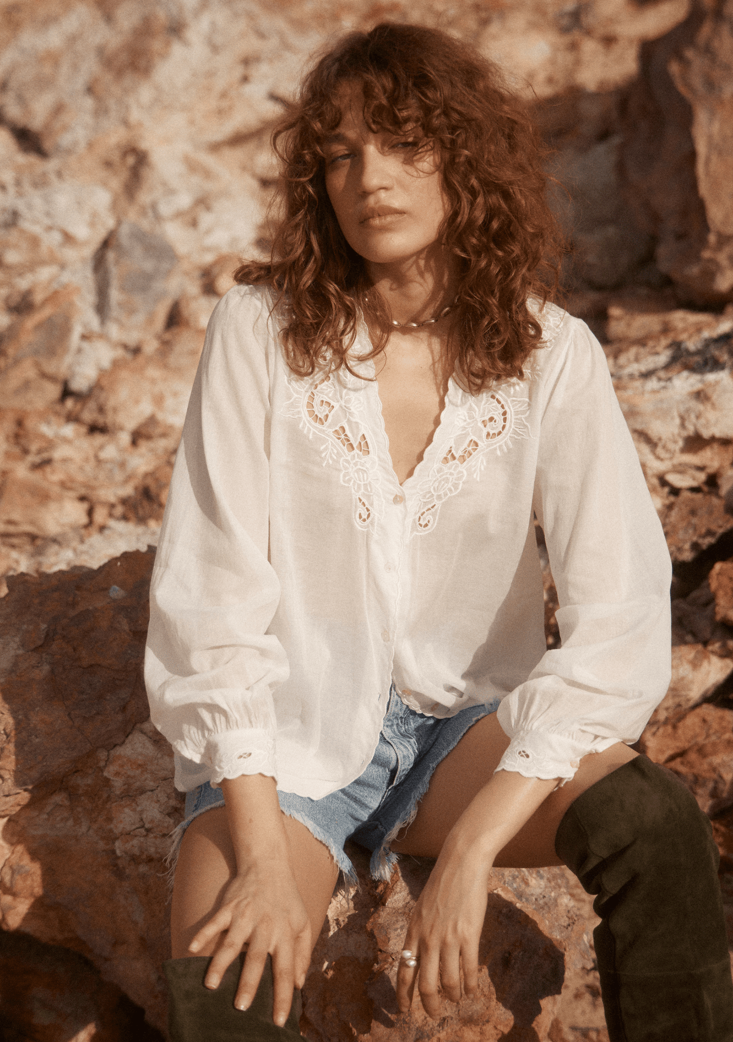 Image of a model wearing Tops. Productname: Auguste The Label Blaze Shirt White in Print colour by brand - Auguste The Label