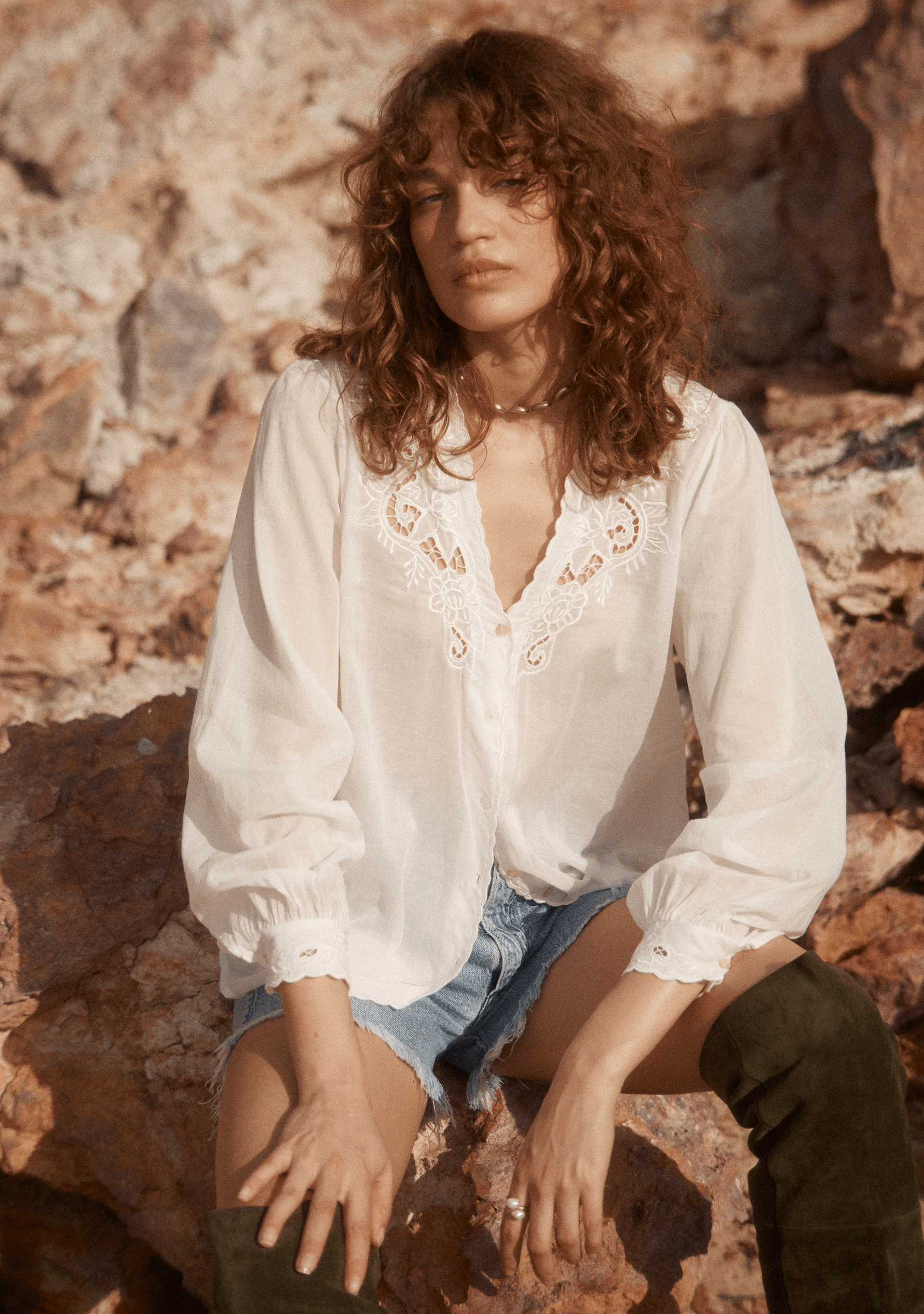 Image of a model wearing Tops. Productname: Auguste The Label Blaze Shirt White in Print colour by brand - Auguste The Label