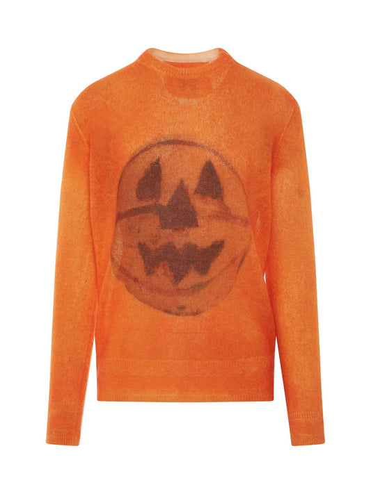 Image of a model wearing Outerwear. Productname: GIVENCHY Mixmat Crewneck Print Sweater in ORANGE colour by brand - GIVENCHY