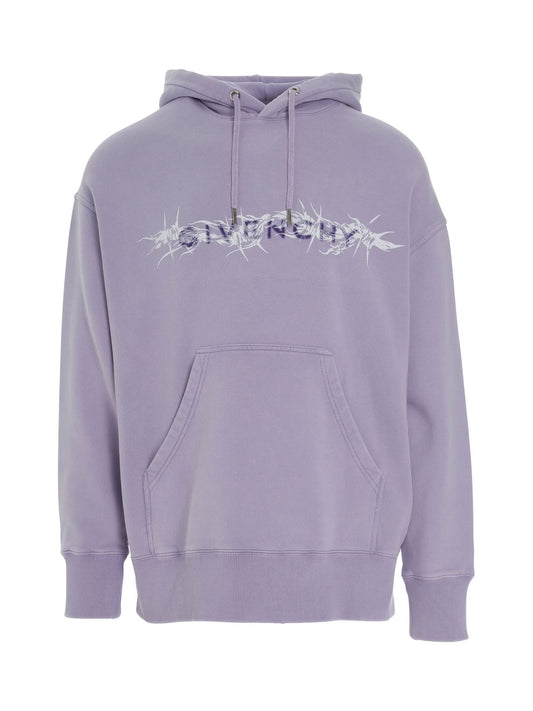 Image of a model wearing Outerwear. Productname: GIVENCHY Barbed Wire with G Tufting Washed Hoodie in PURPLE colour by brand - GIVENCHY