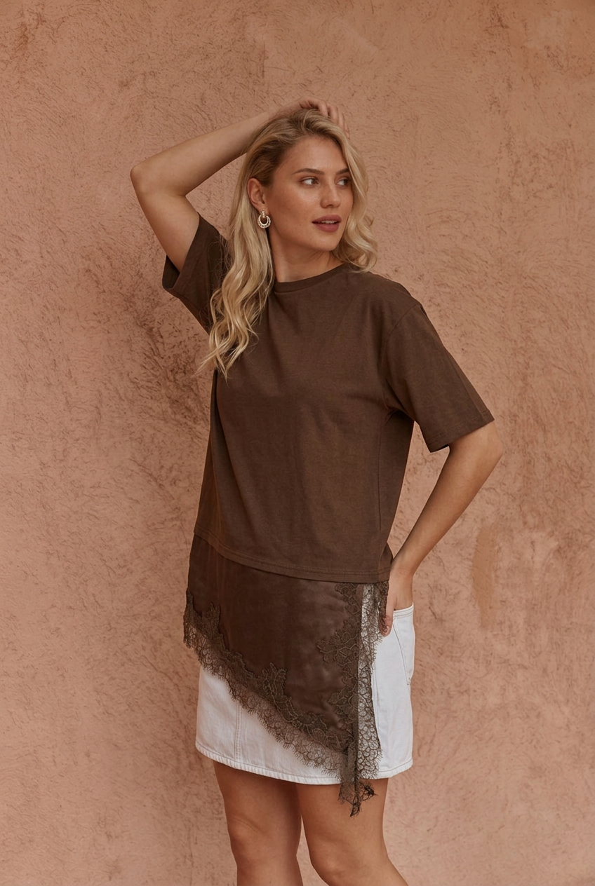Image of a model wearing Tops. Product name - Arlo Jersey Lace Tee Chocolate in Chocolate colour by brand - Sass Clothing