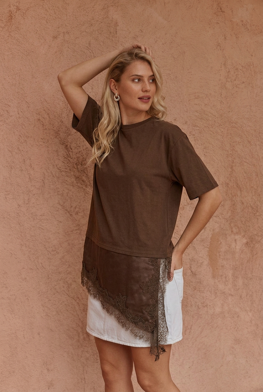 Image of a model wearing Tops. Product name - Arlo Jersey Lace Tee Chocolate in Chocolate colour by brand - Sass Clothing