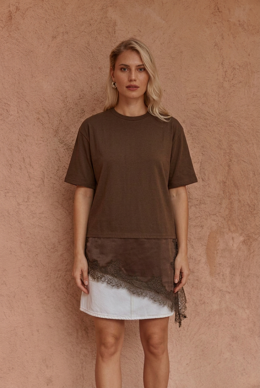 Sass Clothing Arlo Jersey Lace Tee (Chocolate)
