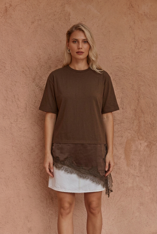 Sass Clothing Arlo Jersey Lace Tee (Chocolate)