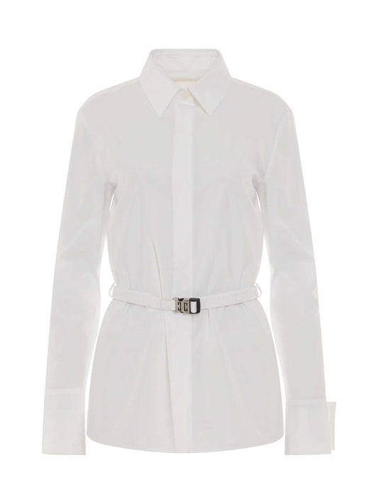 Image of a model wearing Tops. Productname: GIVENCHY Classic Poplin Shirt with Belt in WHITE colour by brand - GIVENCHY