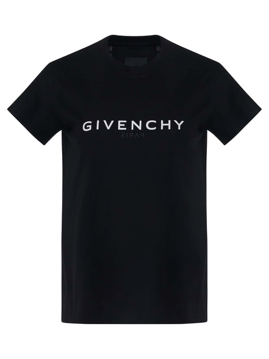 Image of a model wearing Tops. Productname: GIVENCHY Reverse Logo Fitted T-Shirt in BLACK colour by brand - GIVENCHY