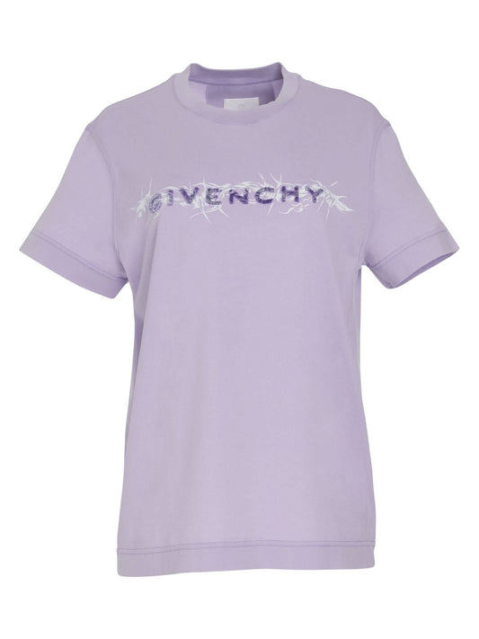 Image of a model wearing Tops. Productname: GIVENCHY Logo Barbed Wire T-Shirt in PURPLE colour by brand - GIVENCHY