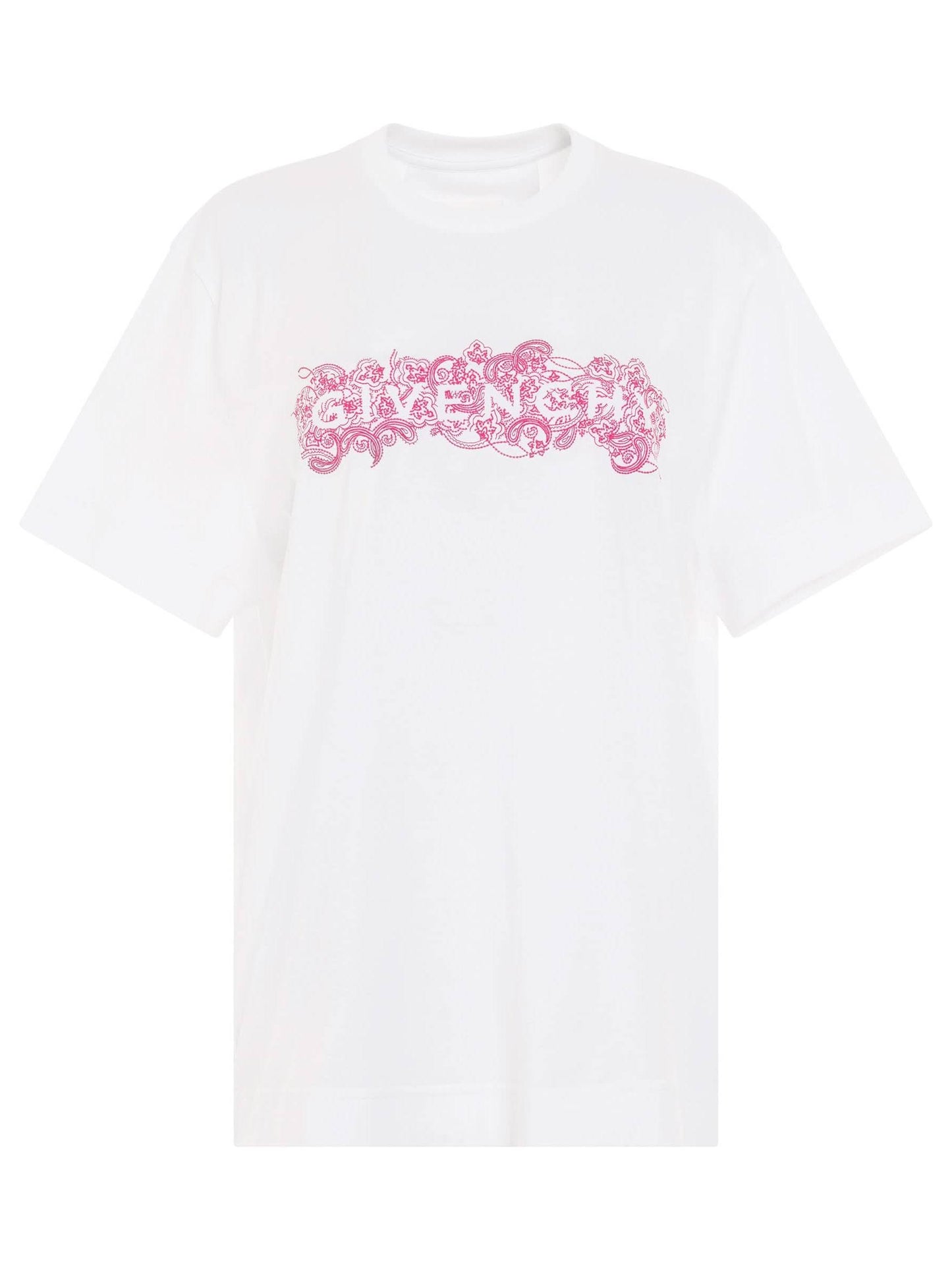 Image of a model wearing Tops. Productname: GIVENCHY 4G Embroidered Logo Classic Fit T-Shirt in White colour by brand - GIVENCHY