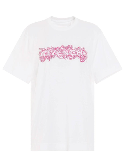 Image of a model wearing Tops. Productname: GIVENCHY 4G Embroidered Logo Classic Fit T-Shirt in White colour by brand - GIVENCHY