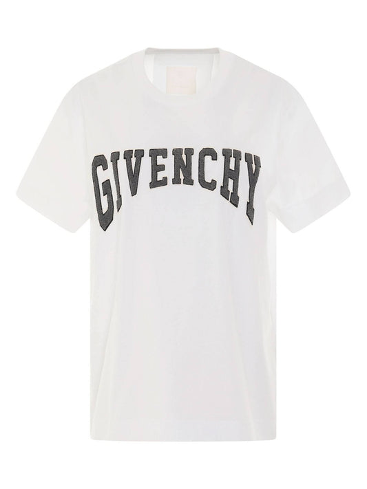 Image of a model wearing Tops. Productname: GIVENCHY College Logo Print T-Shirt in White colour by brand - GIVENCHY
