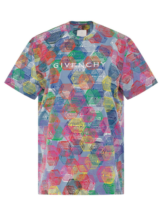 Image of a model wearing Tops. Productname: GIVENCHY BSTROY All Over Patch Print Loose Fit T-Shirt in Multicolour colour by brand - GIVENCHY