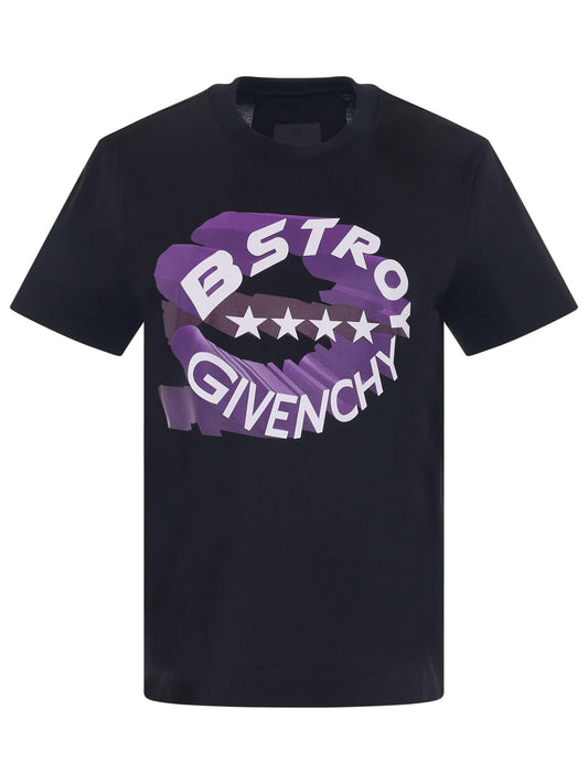 Image of a model wearing Tops. Productname: GIVENCHY BSTROY Circle Logo Slim Fit T-Shirt in Black colour by brand - GIVENCHY