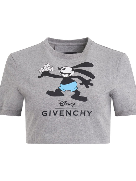 Image of a model wearing Tops. Productname: GIVENCHY Disney Oswald Flowers T-Shirt in LIGHT GREY MELANGE colour by brand - GIVENCHY