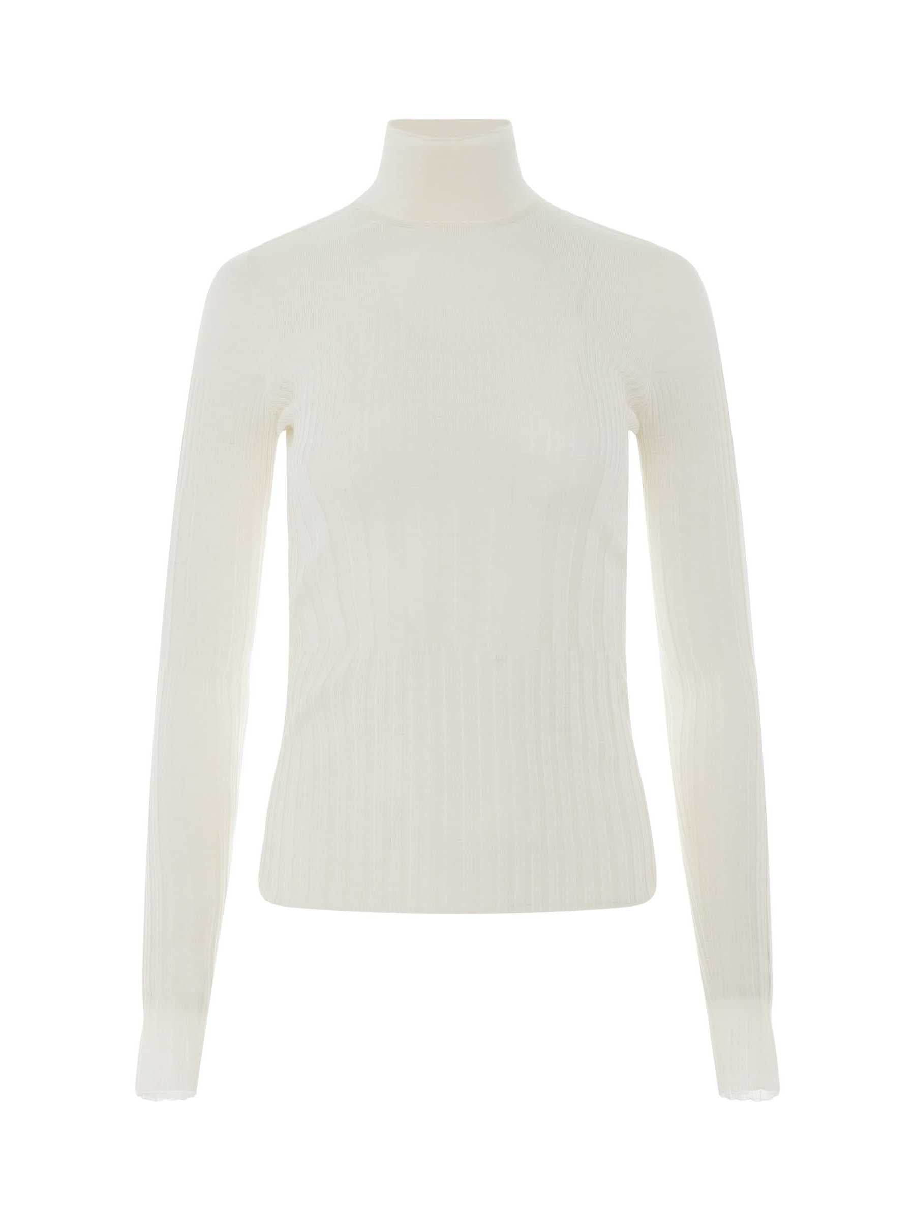 Image of a model wearing Outerwear. Product name - Long Sleeve Cyclist Neck Ribbed Sweater in White colour by brand - GIVENCHY
