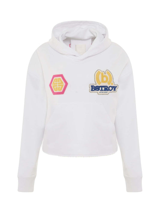 Image of a model wearing Outerwear. Productname: GIVENCHY BSTROY Embroidered Patch Cropped Hoodie in White colour by brand - GIVENCHY