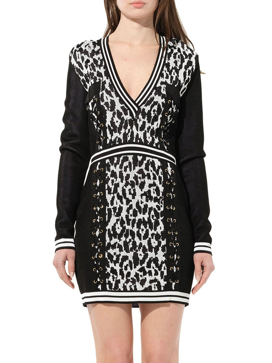 Image of a model wearing Dress. Productname: BALMAIN Knit Dress in Black White colour by brand - BALMAIN