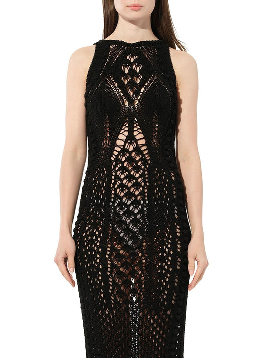 Image of Dresses. Productname: BALMAIN Long Crochet Knit Dress in BLACK colour by brand - BALMAIN