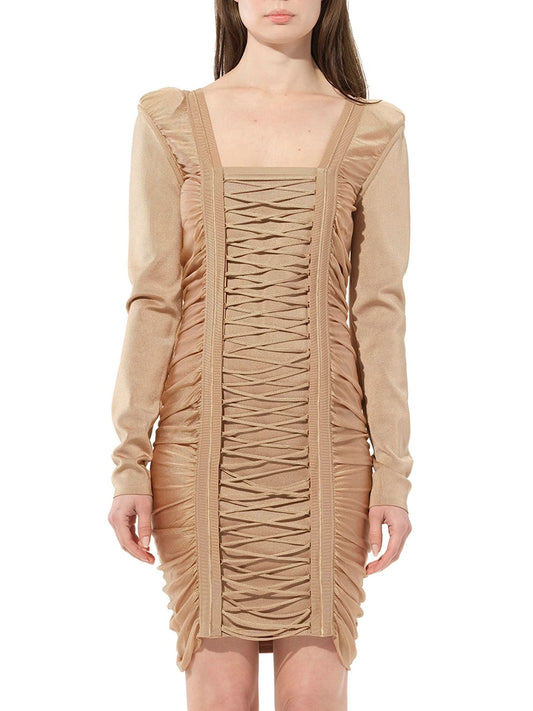 Image of a model wearing Dress. Productname: BALMAIN Maille Knit Const Dress in Sand colour by brand - BALMAIN