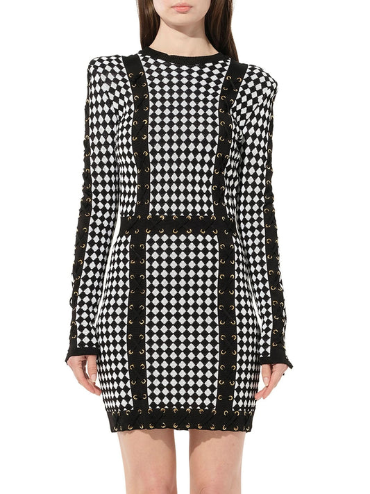 Image of a model wearing Dress. Productname: BALMAIN Maille Knit Dress in Black White Check colour by brand - BALMAIN