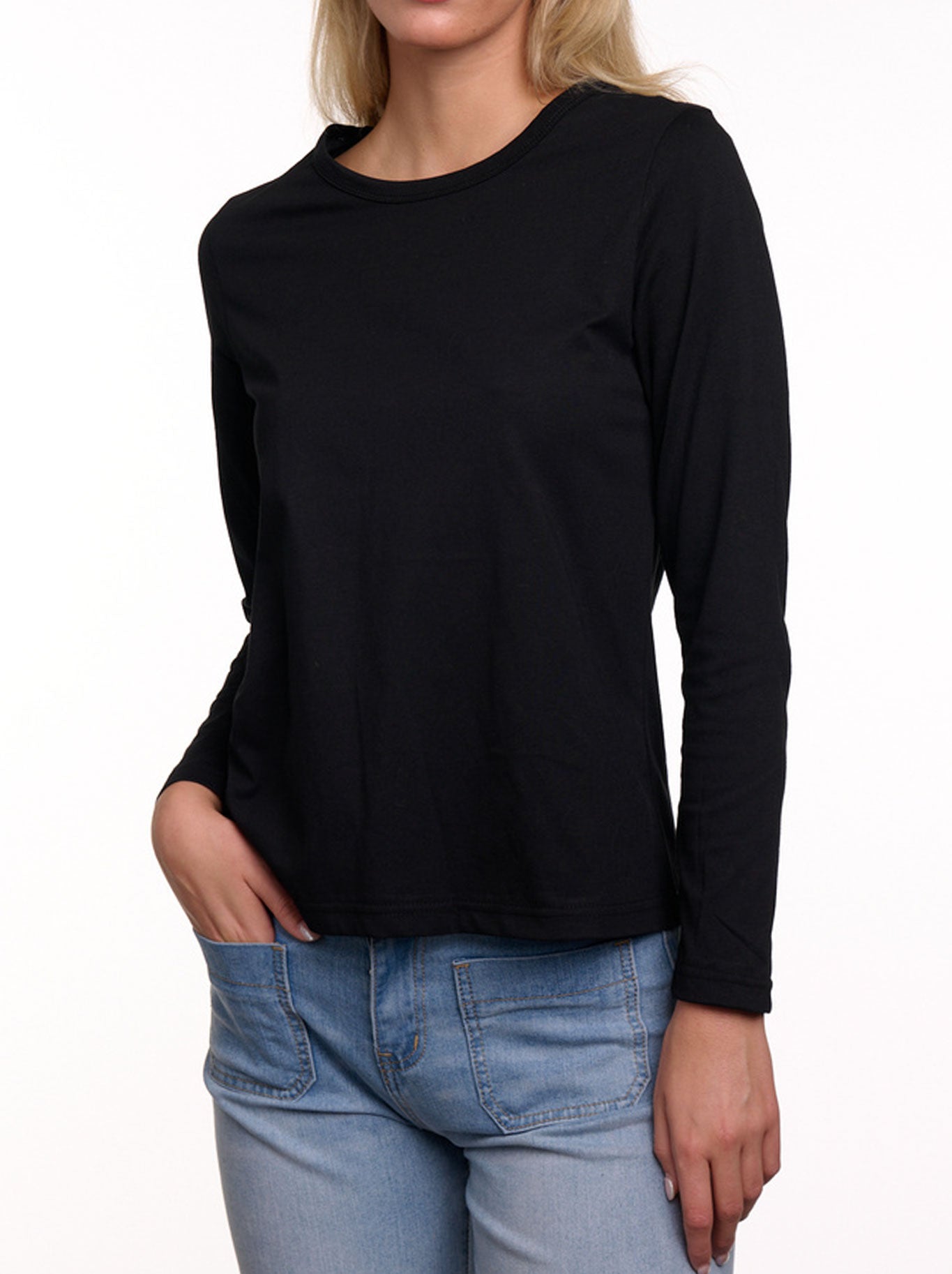 Image of a model wearing Tops. Product name - BASIC 123 LONG SLEEVE CREW NECK in Grey colour by brand - Basic 123