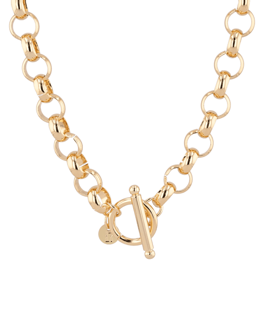 Image of Necklaces. Product name - Belcher T-Bar Gold Chain Necklace in colour by brand - LAVANA
