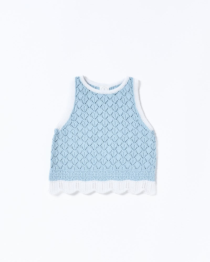 Image of a model wearing Tops. Productname: Walnut Melbourne Bella Knit Tank in Blue And White colour by brand - Walnut Melbourne