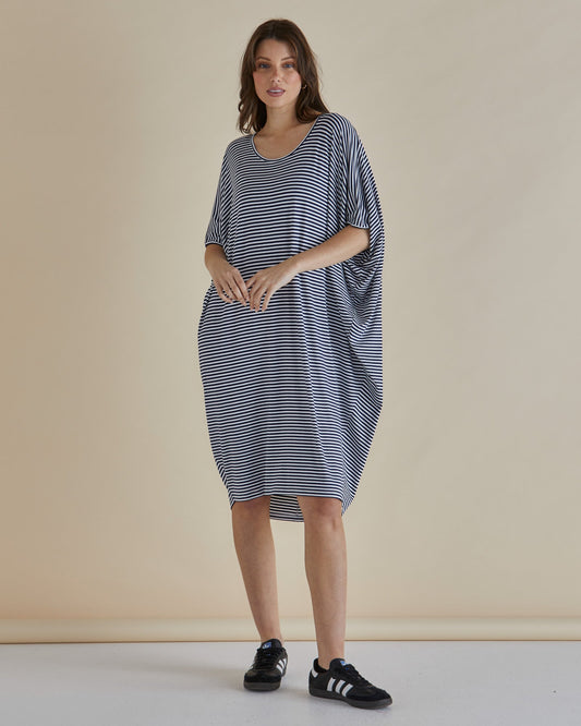 Betty Basics Maui T-Shirt Dress (Navy Blue/White Stripe)