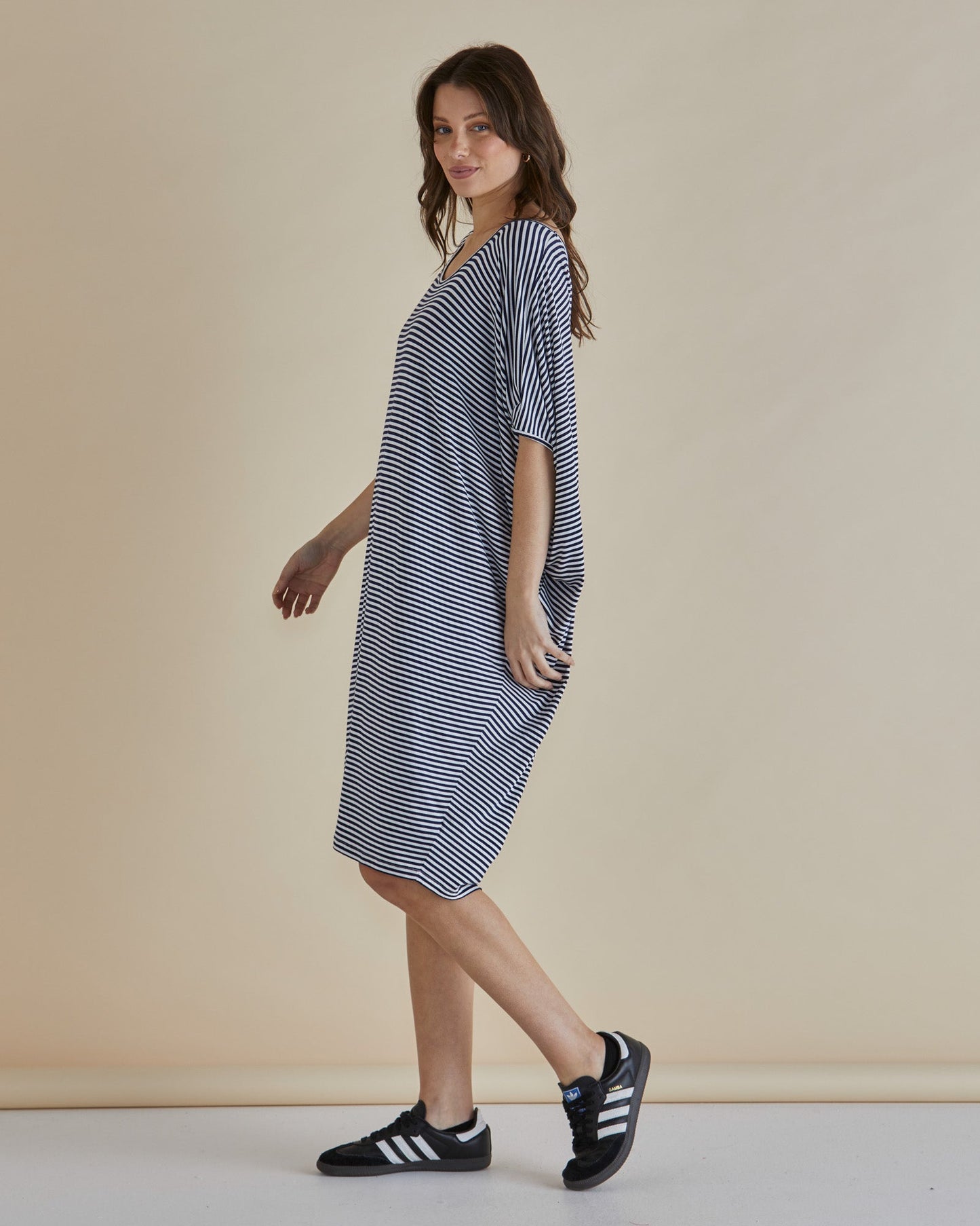 Betty Basics Maui T-Shirt Dress (Navy Blue/White Stripe)