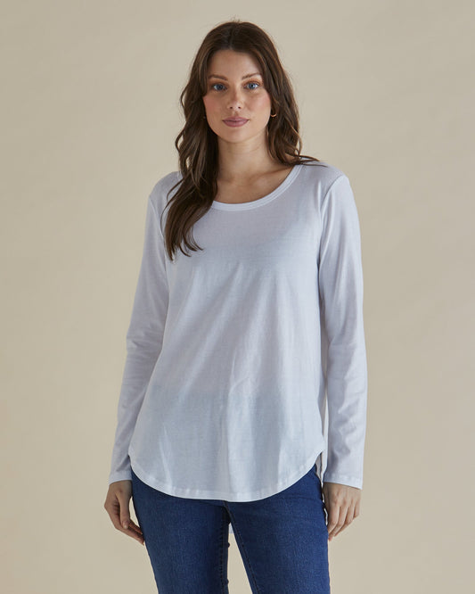 Image of a model wearing Tops. Productname: Betty Basics Megan Long Sleeve Top White in White colour by brand - Betty Basics