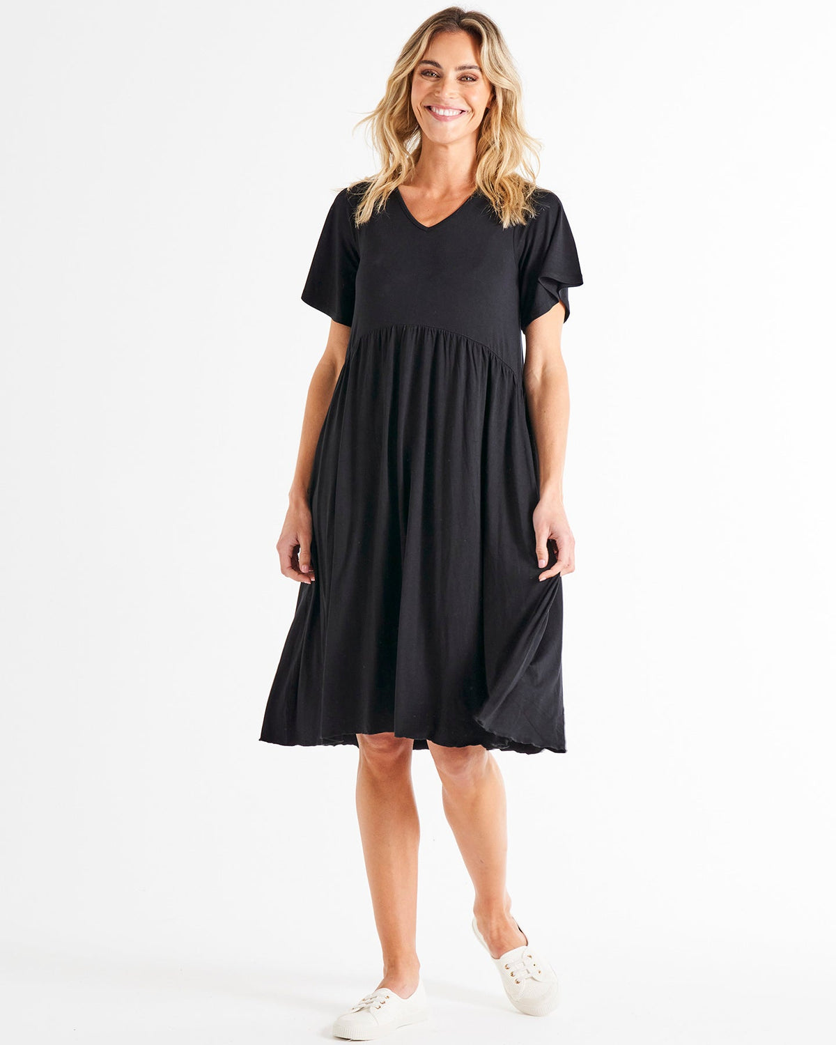 Image of Dresses. Product name - Donna Stretchy Frill Sleeve T-Shirt Dress Black in Black colour by brand - Betty Basics