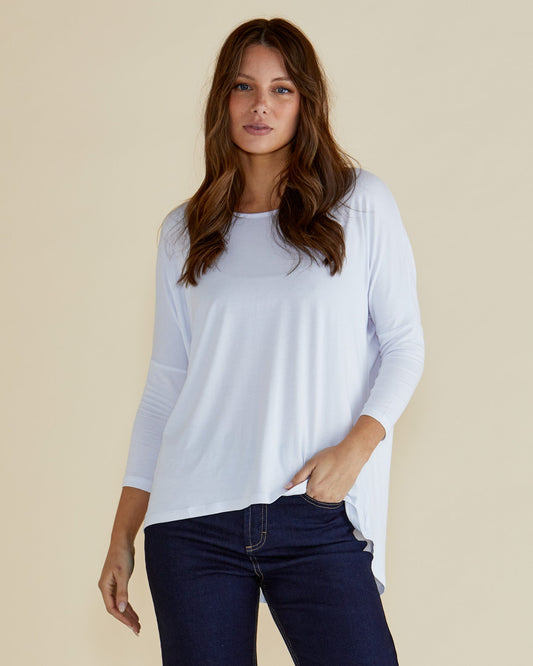 Image of a model wearing Tops. Productname: Betty Basics Milan 3/4 Sleeve Top White in White colour by brand - Betty Basics