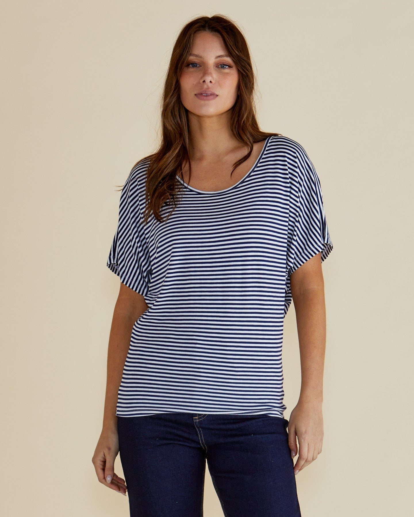 Image of a model wearing Tops. Productname: Betty Basics Maui Tee Navy Blue/White Stripe in Navy Blue/White Stripe colour by brand - Betty Basics