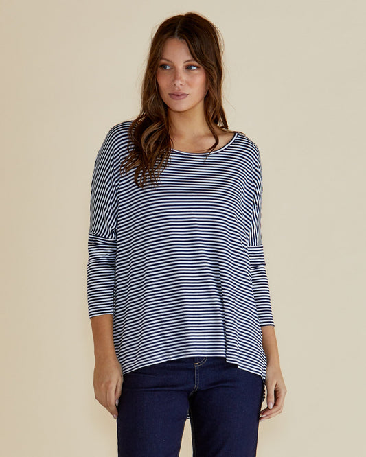 Image of a model wearing Tops. Productname: Betty Basics Milan 3/4 Sleeve Top Navy Blue/White Stripe in Navy Blue/White Stripe colour by brand - Betty Basics