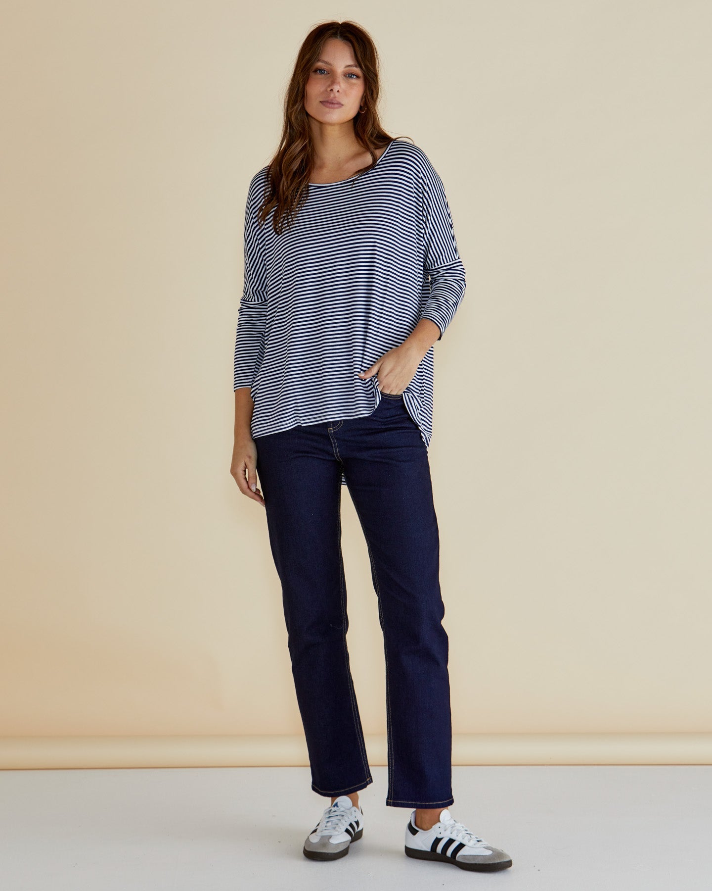 Betty Basics Milan 3/4 Sleeve Top (Navy Blue/White Stripe)