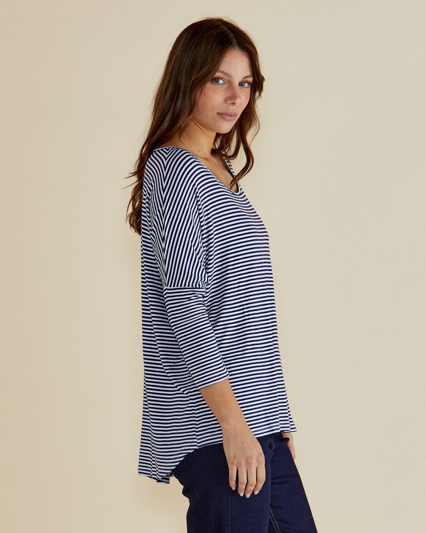Betty Basics Milan 3/4 Sleeve Top (Navy Blue/White Stripe)