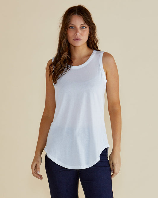 Image of a model wearing Tops. Productname: Betty Basics Keira Tank White in White colour by brand - Betty Basics