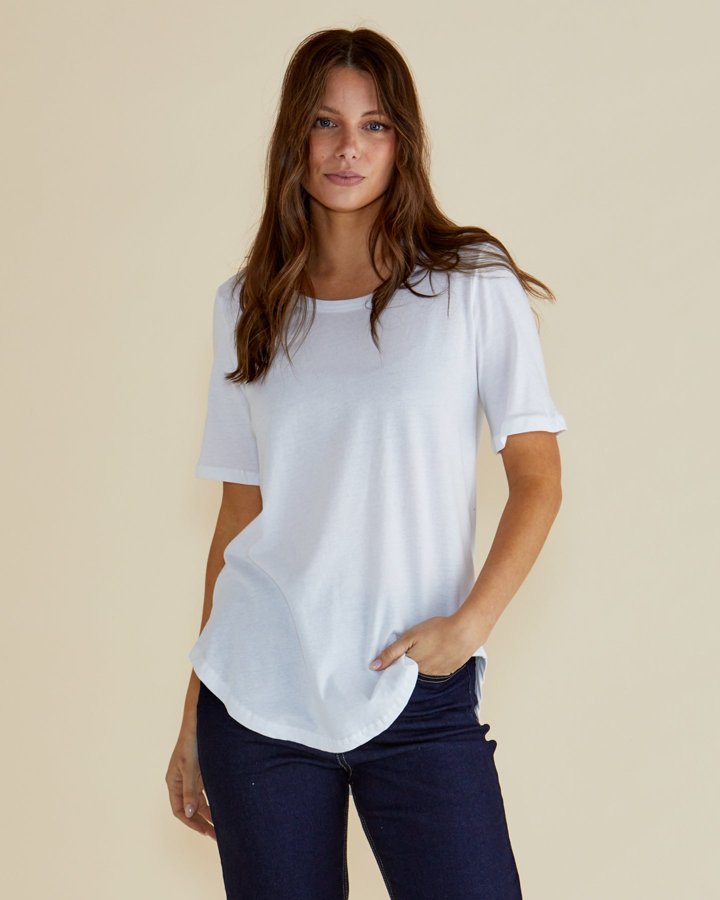 Image of a model wearing Tops. Productname: Betty Basics Ariana Tee White in White colour by brand - Betty Basics
