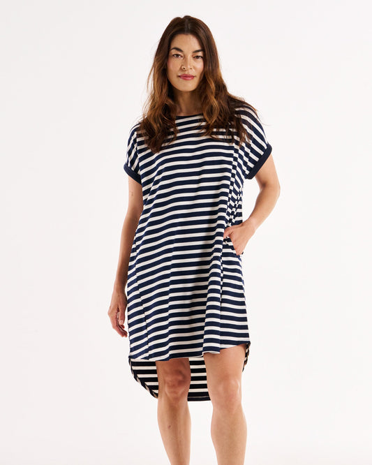 Image of a model wearing Tops. Productname: Betty Basics Maxine T-Shirt Dress Navy Stripe in Navy Stripe colour by brand - Betty Basics