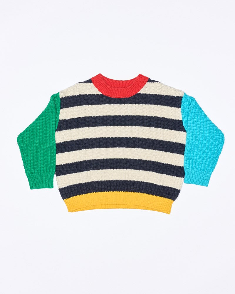 Image of a model wearing Outerwear. Productname: Billy Knit jumper in Colour Block colour by brand - Walnut Melbourne